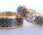 Double Lined Yellow and White Gold Celtic Heart Shield Wedding Set